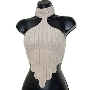 New S Khaki Gray Beige‎ Sleeveless Turtleneck Ribbed Drip Hem Crop Triangle Top